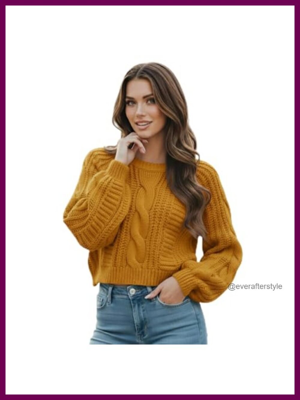 Women's Cropped Cable Knit Sweater Long Sleeve Pullover Acrylic Crew Neck Cozy